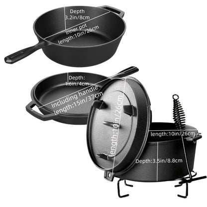 Cast Iron Cookware Set for Kitchen & Camping, Non-Stick Skillets Dutch Oven Griddle & Pizza Pan, Works on Induction & Open Fire, Even Heat Distribution, 500°F Oven Safe, BBQ & Outdoor Cooking