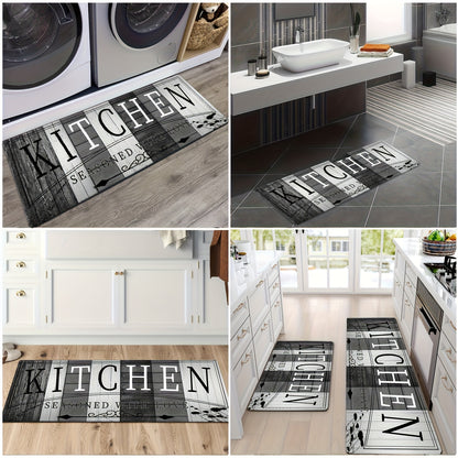 Kitchen Mat Non-Slip Absorbent - Anti-Fatigue Floor Mat for Kitchen Bathroom Laundry Room Hallway, Washable Cushioned Rug with Printed Design, Multiple Sizes & Wood Grain Options