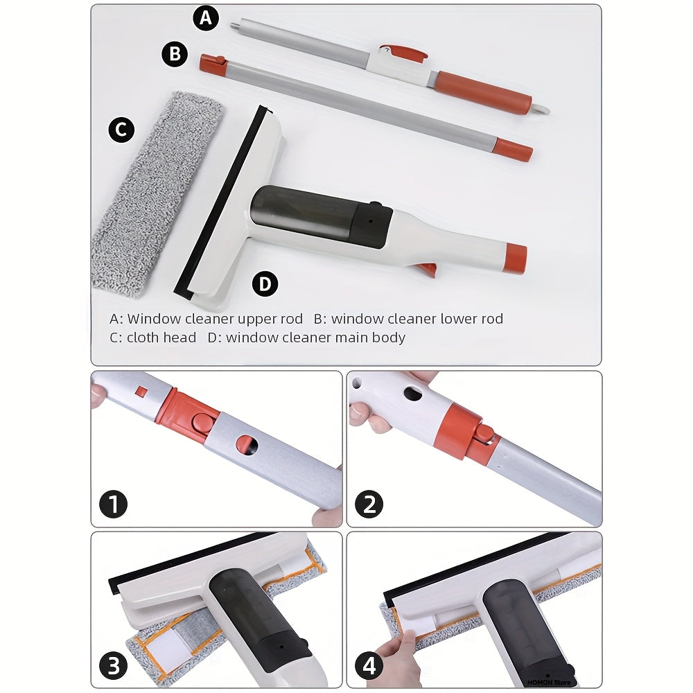 3-in-1 Glass Cleaning Kit with Durable Metal Pole & Scraper - Reach High Windows, Shower Doors & Car Windshields Easily, Essential Home Window Cleaning Tool