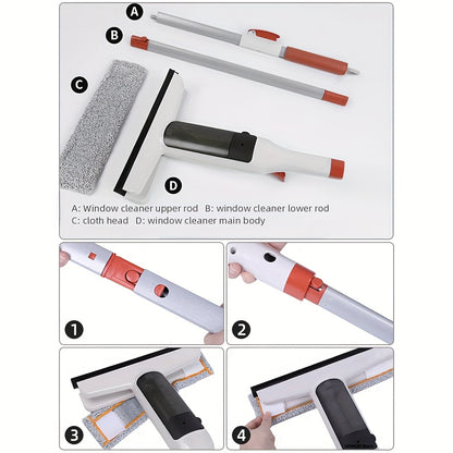 3-in-1 Glass Cleaning Kit with Durable Metal Pole & Scraper - Reach High Windows, Shower Doors & Car Windshields Easily, Essential Home Window Cleaning Tool