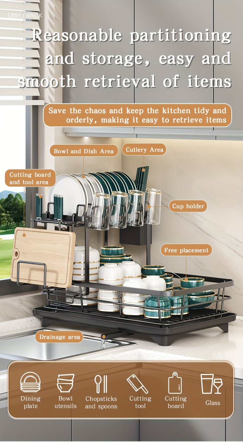 2-Tier Dish Drying Rack Metal with Cutlery Holder, Cup Holder & Rust-Proof Drip Tray – Space Saving Countertop Dish Rack for Kitchen Organization, Black & Dark Gray