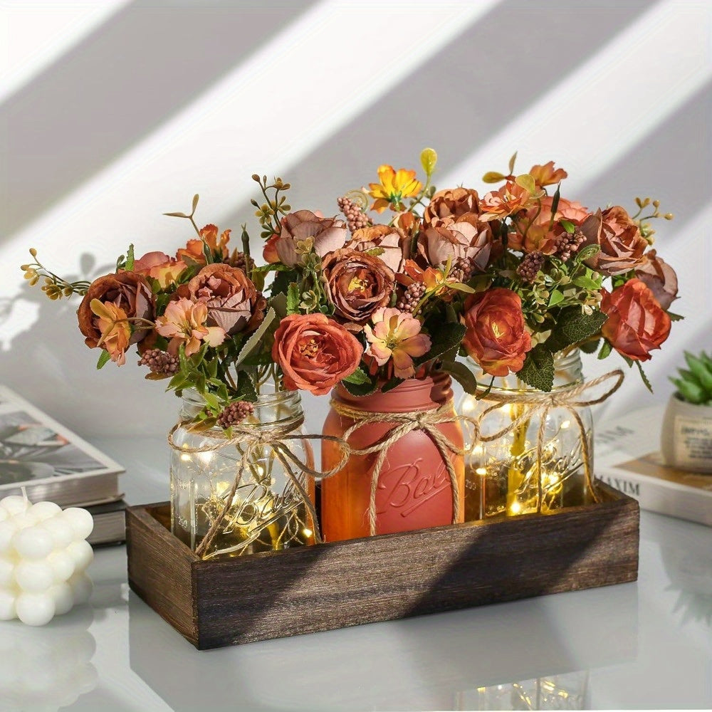 Mason Jar Centerpiece Table Decorations with Wood Tray & LED Lights – 3pcs Farmhouse Dining Room Coffee Table Decor Set for Kitchen Living Room Bathroom, Pink