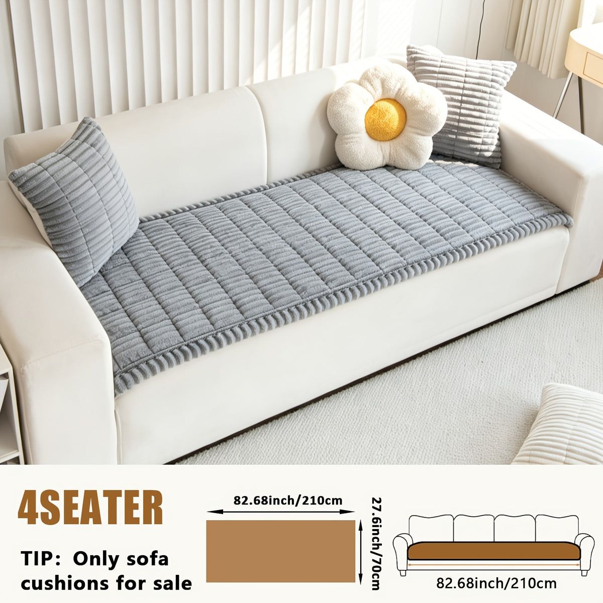 Sofa Cover Plush Velvet - Washable Stretch Couch Cover with Wavy Edge, Soft Shu Velveteen Sofa Protector for 1 2 3 4 Seater, Easy Install Furniture Cover in White Khaki Gray