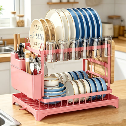 2 Tier Dish Drying Rack with Drainboard – Metal Kitchen Counter Dish Drainer Rack with Drain Tray, Large Capacity Drying Rack for Dishes Cups Utensils, Black White Gray