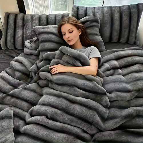 Faux Rabbit Fleece Blanket, Double Layer Thickened Soft Warm Throw – All Season Reversible Blanket for Adults, Couch, Bed & Travel, Machine Washable, Throw / Twin XL / Queen / King, Grey Khaki Beige