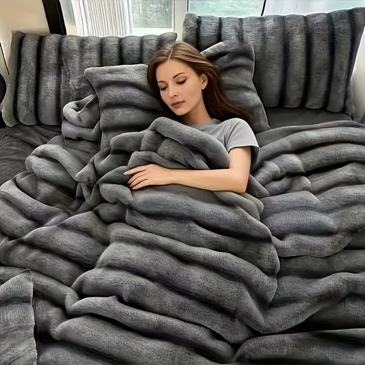 Faux Rabbit Fleece Blanket, Double Layer Thickened Soft Warm Throw – All Season Reversible Blanket for Adults, Couch, Bed & Travel, Machine Washable, Throw / Twin XL / Queen / King, Grey Khaki Beige