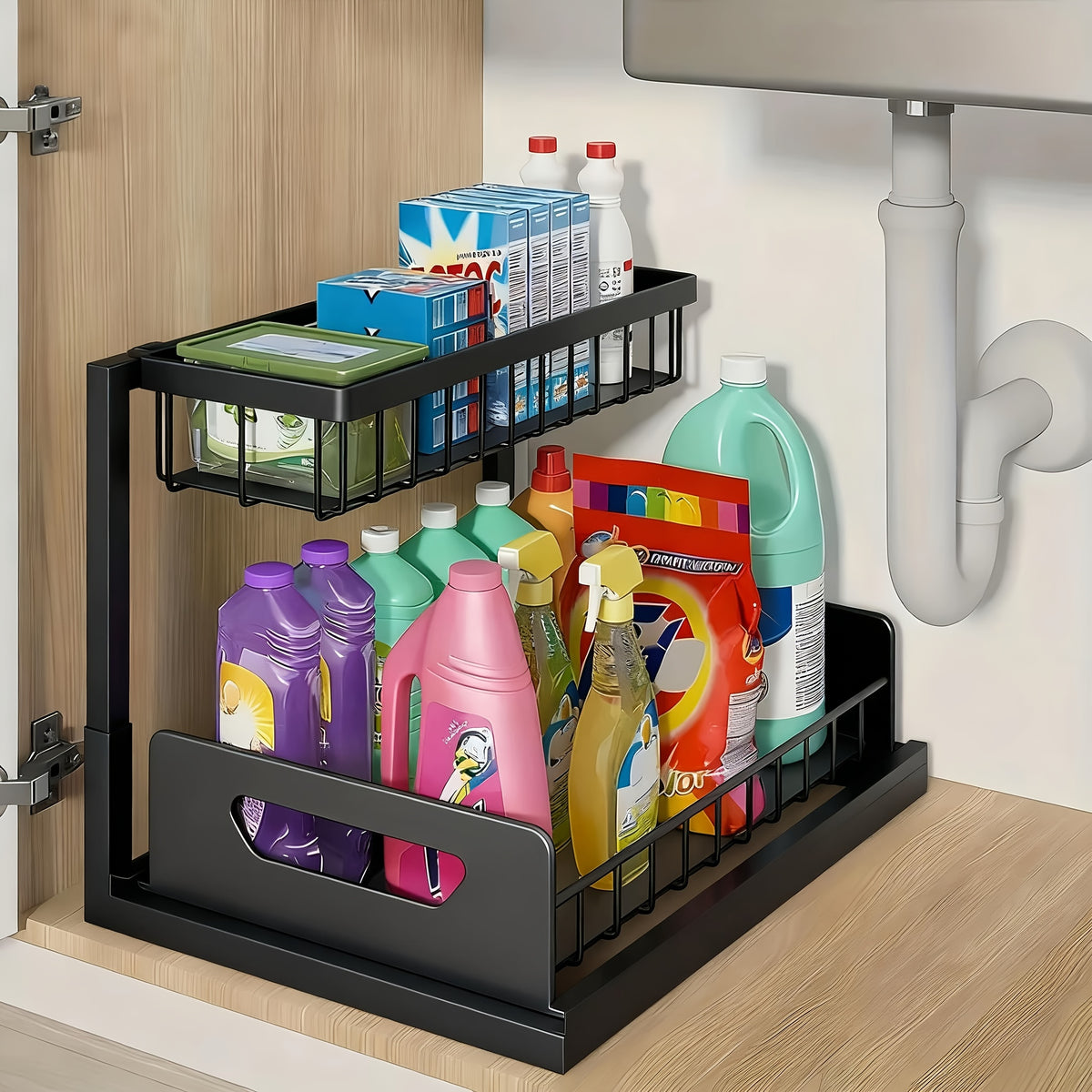 Under Sink Organizer 2-Tier Pull-Out Cabinet Storage with Metal Sliding Drawers – Kitchen Bathroom Countertop Tabletop Organizer Rack, Space-Saving Push-Pull Shelf for Kitchen Accessories, 1 or 2 Pack