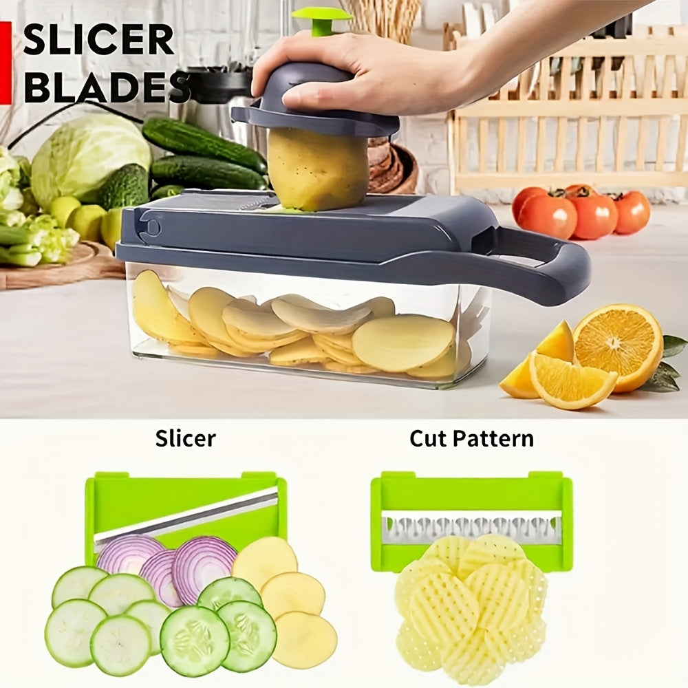 Vegetable Chopper 16-in-1 Manual Food Chopper Set with 8 Stainless Steel Blades, 304 BPA-Free Container, Peeler & Filter – Onion Dicer, Garlic Mincer, Carrot Slicer, Kitchen Meal Prep Tool