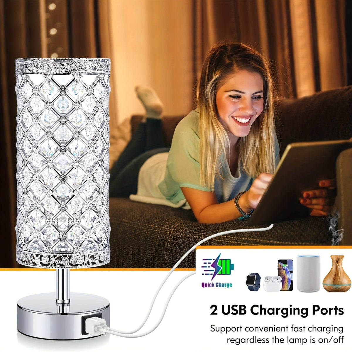 Crystal Table Lamp with Touch Control & 2 USB Ports – 3-Way Dimmable Bedside Nightstand Light for Bedroom, Living Room & Office, LED Bulb Included
