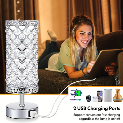 Crystal Table Lamp with Touch Control & 2 USB Ports – 3-Way Dimmable Bedside Nightstand Light for Bedroom, Living Room & Office, LED Bulb Included