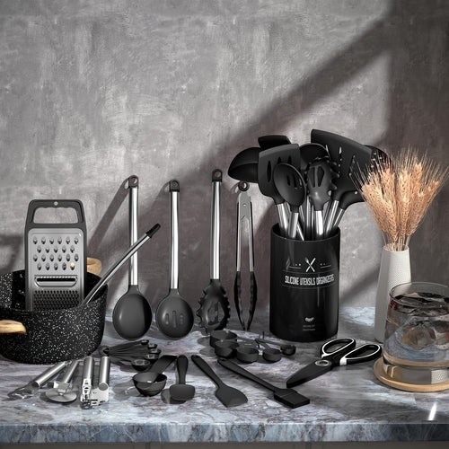 Silicone Kitchen Utensils Set 34 Piece – Heat-Resistant Cooking Tools with Stainless Steel Handles, Non-Scratch for Nonstick Cookware, Spatulas, Spoons, Tongs & More, Perfect for Home Chef & Gifting