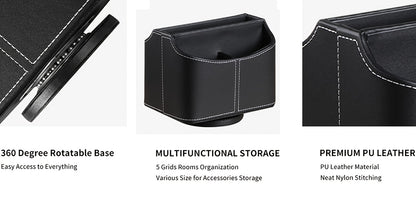 360° Swivel Remote Control Holder 5 Compartments PU Leather Desktop Organizer Caddy - Multifunctional Storage Box for TV Remotes Phones Glasses Cosmetics Stationery - Home Office Decor