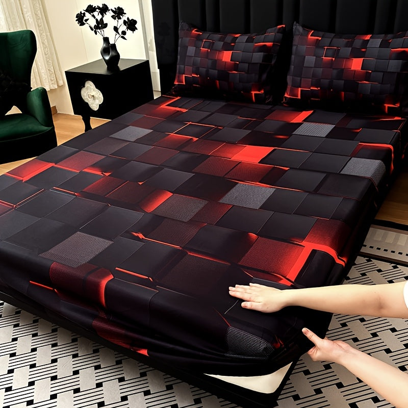Digital Print Fitted Sheet Set 3 Piece Deep Pocket 15" – Plaid & Mechanical Pattern Bed Sheet with 2 Pillowcases, All Season Microfiber Bedding for Home & Dorm, Twin Full Queen King, 7 Colors