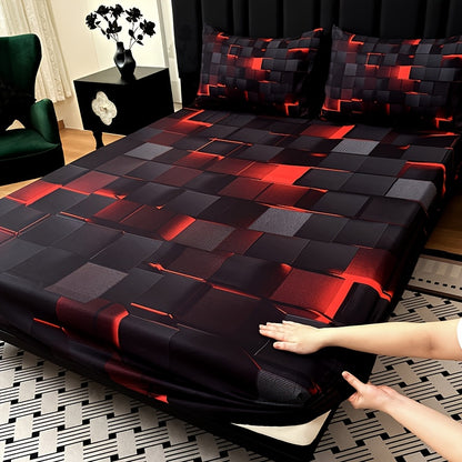 Digital Print Fitted Sheet Set 3 Piece Deep Pocket 15" – Plaid & Mechanical Pattern Bed Sheet with 2 Pillowcases, All Season Microfiber Bedding for Home & Dorm, Twin Full Queen King, 7 Colors