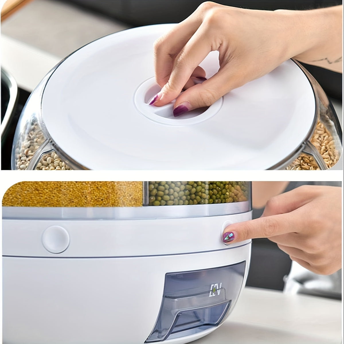 Rice Dispenser 19Lbs 360° Rotating Grain Storage Container with One-Click Output, Flip-Top Lid, Airtight Food Dispenser for Rice, Beans, Oats & Small Grains – Kitchen Pantry Organizer