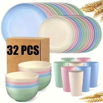 Wheat Straw Dish Set for 4 or 8 – 16 or 32 Piece Unbreakable Dinnerware Set with Dinner Plate, Dessert Plate, Cereal Bowl & Cup, Dishwasher Safe Lightweight Tableware for Camping, Everyday Use & Gifts