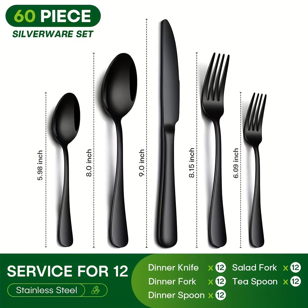 Stainless Steel Flatware Set 24/60 Piece for 4/12 People, Silverware Set with Gift Box Includes Steak Knives Salad Forks Dessert Spoons, Dishwasher Safe Cutlery Set for Home Wedding Camping Christmas, Silver Black