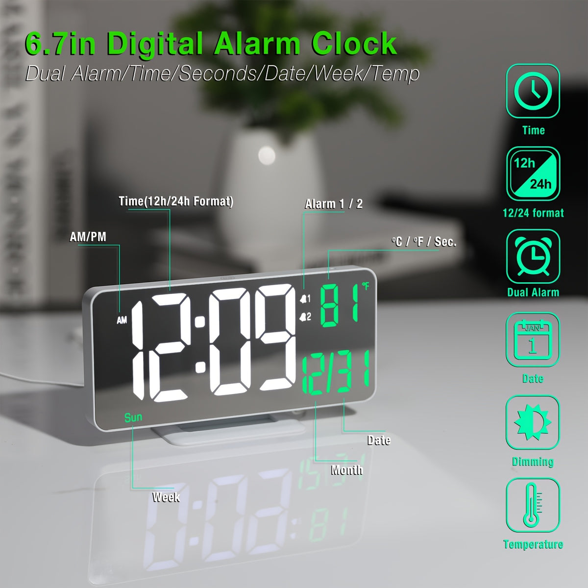 Digital Alarm Clock LED Mirror Display 6.7 Inch – Dual Alarm with Seconds Date Week 12/24H, Dimmable Bedside Desk Clock for Bedroom Living Room Office, Modern White Mirror Design