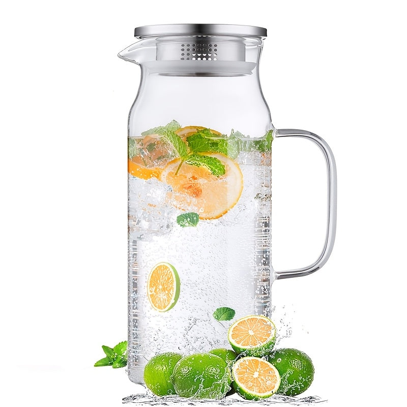 Glass Pitcher with Lid & Handle 68oz – Borosilicate Water Jug for Fridge, Iced Tea, Coffee Carafe & Cold Drinks, Heat Resistant, 304 Stainless Steel Lid, 1 or 2 Pack
