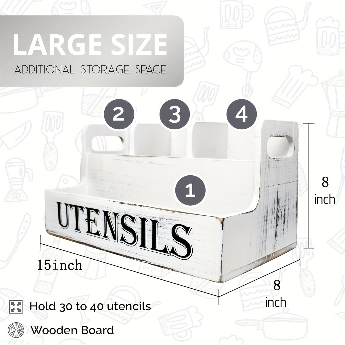 Extra Large Kitchen Utensil Organizer 4 Compartments Wooden Countertop Utensil Holder - Farmhouse Rustic Kitchen Storage for Cooking Utensils Spatulas Spoons - White Black