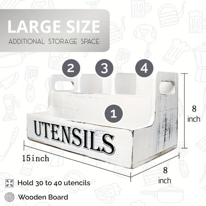 Extra Large Kitchen Utensil Organizer 4 Compartments Wooden Countertop Utensil Holder - Farmhouse Rustic Kitchen Storage for Cooking Utensils Spatulas Spoons - White Black