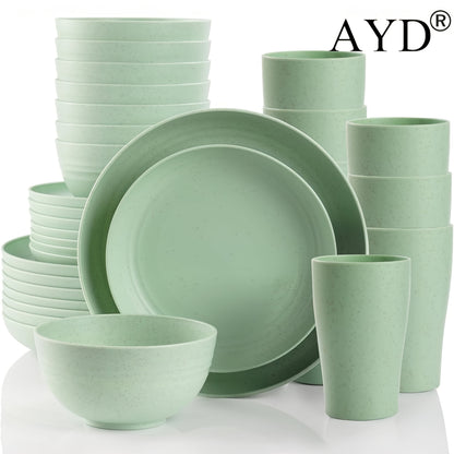 Wheat Straw Dinnerware Set Plates and Bowls 16 or 32 Piece – Microwave & Dishwasher Safe Unbreakable Dish Set for 4 or 8, Lightweight Party Tableware, 7 Colors