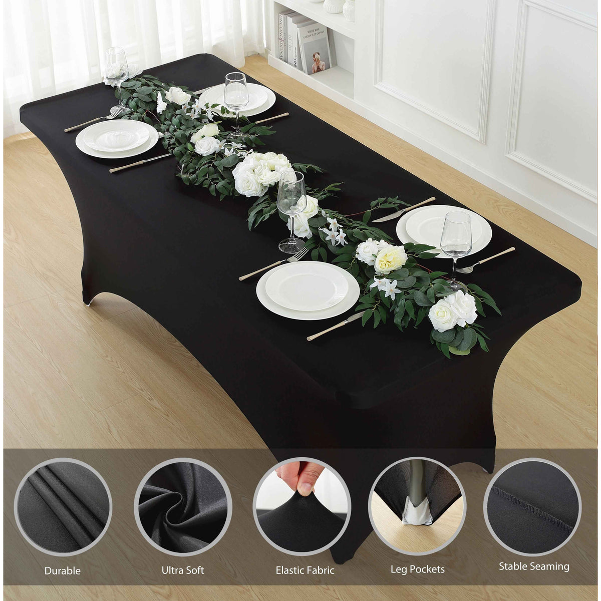 Spandex Tablecloth Fitted Stretch Table Cover 4ft 6ft 8ft - Wrinkle-Free Rectangle Table Cloth for Wedding, Party, Event, Banquet - 2-Pack Multi-Color Options White Black Navy Blue Pink