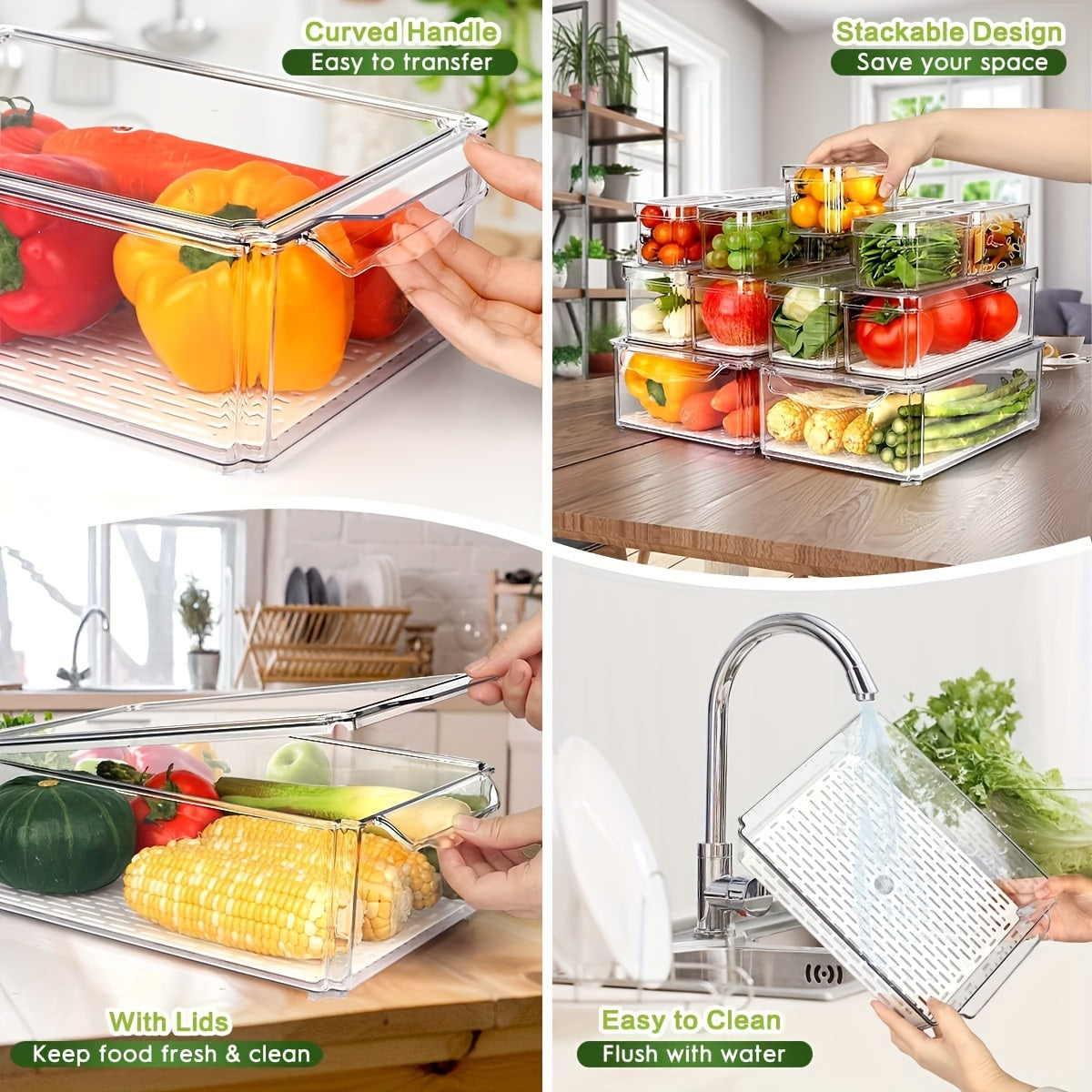 Fridge Organizer Bins with Lids 14 Pack Stackable Clear Refrigerator Storage Containers for Fruit Vegetable Food Drinks Cereals Kitchen Pantry Organization
