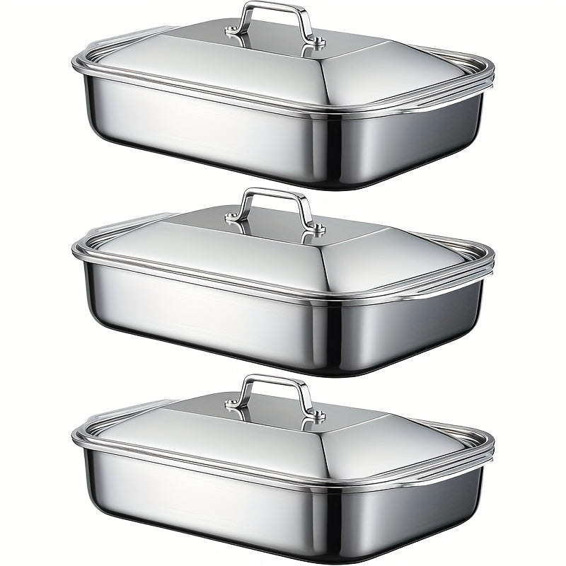 Stainless Steel Baking Pans with Lids – Extra Large Non-Stick Rectangular Oven Trays for BBQ Buffet Catering, Heavy Duty Roasting Pan Set with Grill Ridges & Handles, 2 4 6 8 Pcs