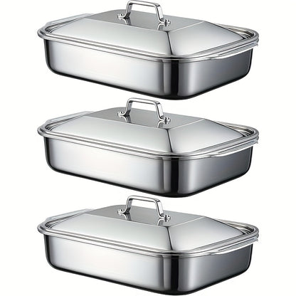 Stainless Steel Baking Pans with Lids – Extra Large Non-Stick Rectangular Oven Trays for BBQ Buffet Catering, Heavy Duty Roasting Pan Set with Grill Ridges & Handles, 2 4 6 8 Pcs