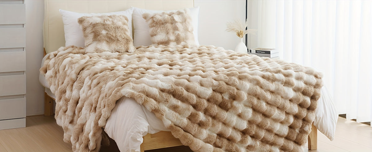 Faux Rabbit Fur Throw Blanket - Ultra Soft Plush Fleece Blanket for Bed Couch Sofa, Warm Fuzzy Blanket in Multiple Colors & Sizes, Throw Twin Queen King, Cozy Bedroom Living Room Blanket