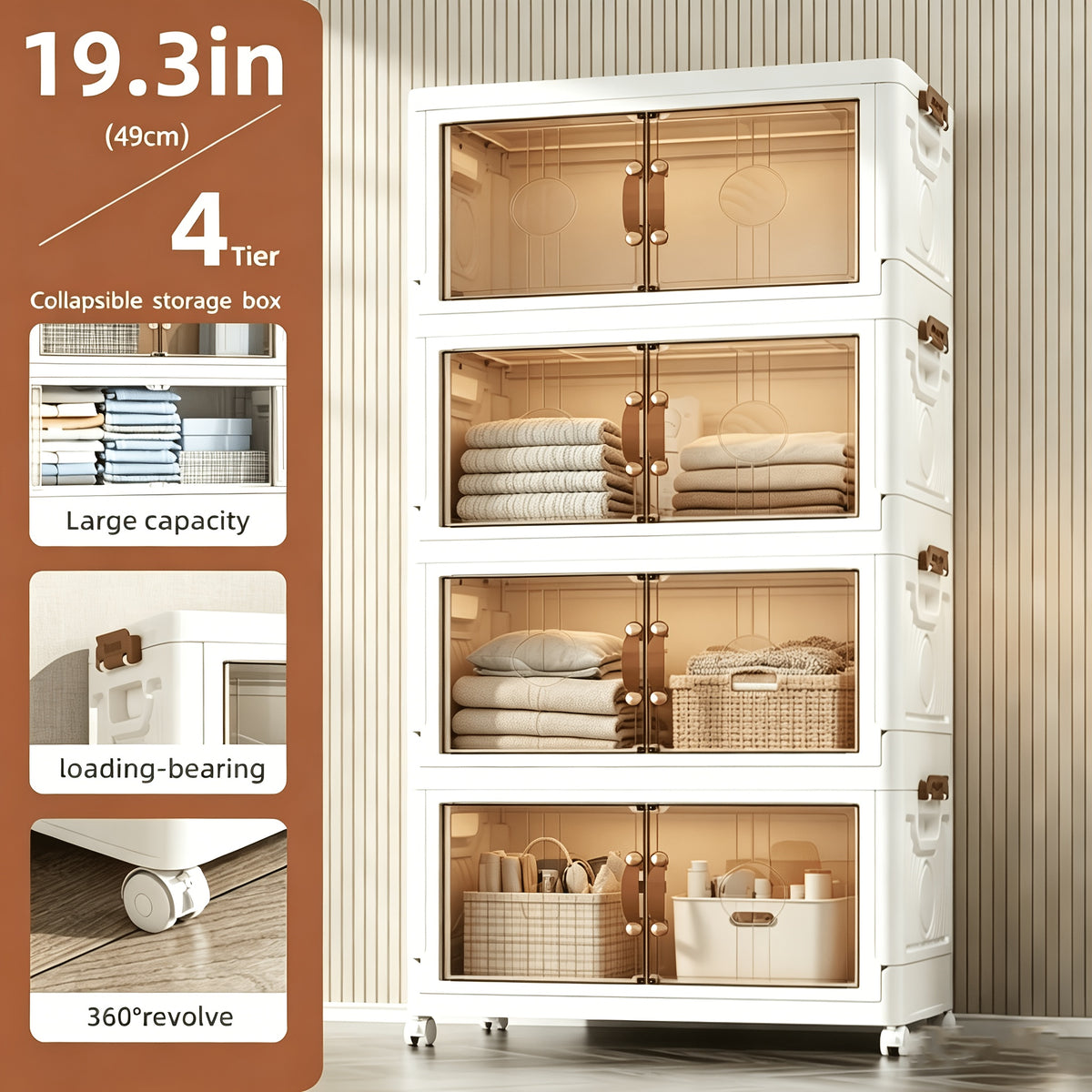Rolling Stackable Storage Bins with Lid and Wheels 2/3/4/5-Tier Dual-Opening Lidded Organizer Box Drawer Unit for Home Kitchen Closet Bedroom