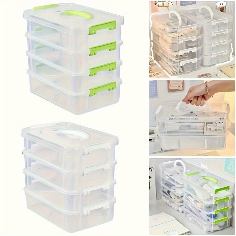 Stackable Transparent Storage Box with Lid & Handle, 4-Layer Compartment Drawer Organizer for Hair Accessories Jewelry Stationery, Clear Plastic Desktop Organizer for Home Office