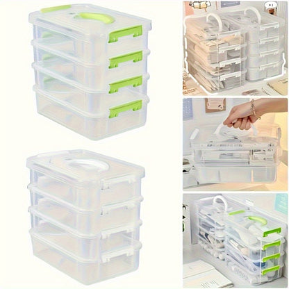 Stackable Transparent Storage Box with Lid & Handle, 4-Layer Compartment Drawer Organizer for Hair Accessories Jewelry Stationery, Clear Plastic Desktop Organizer for Home Office