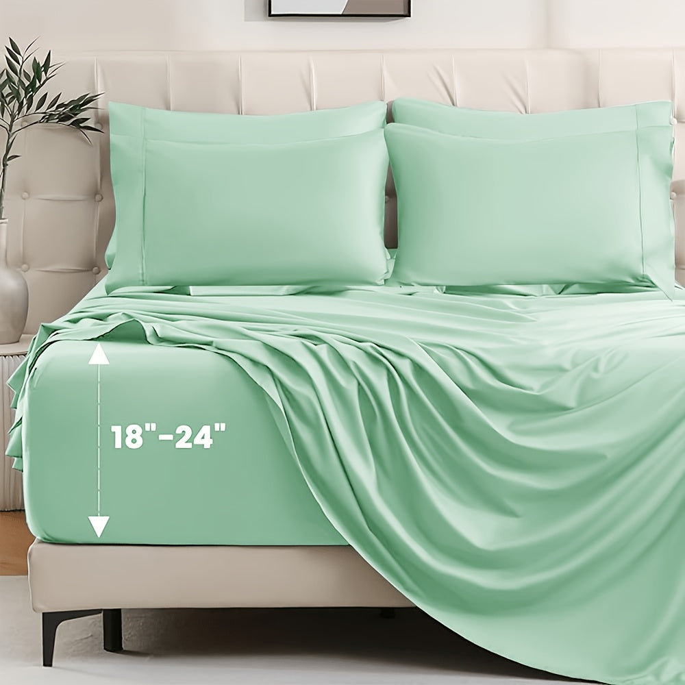 Bamboo Cooling Sheet Set 4-Piece – Cooling Bamboo Fiber Fitted Sheet, Flat Sheet & 2 Pillowcases for Hot Sleepers, Extra Deep Pocket, Twin Full Queen King, 17 Colors