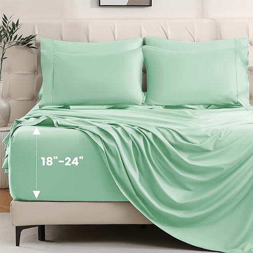 Bamboo Cooling Sheet Set 4-Piece – Cooling Bamboo Fiber Fitted Sheet, Flat Sheet & 2 Pillowcases for Hot Sleepers, Extra Deep Pocket, Twin Full Queen King, 17 Colors