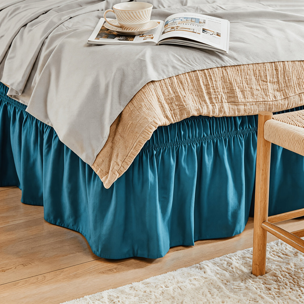 Bed Skirt Wrap Around Elastic – 15 Inch Drop Microfiber Dust Ruffle No Lift Needed Adjustable Hotel Quality Fade Resistant Machine Washable Twin Full Queen King 30 Colors