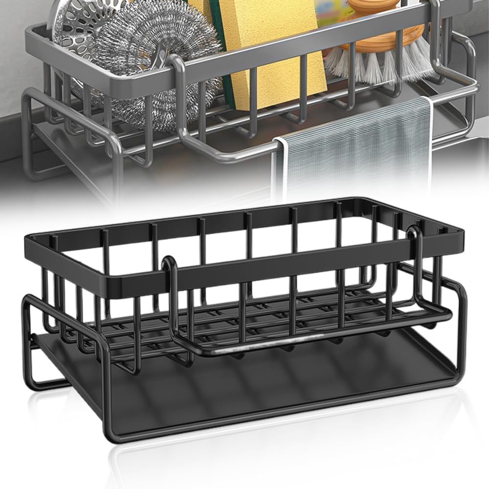 Sink Sponge Holder Drain Rack with Dishcloth Holder & Soap Dispenser Caddy, Kitchen Sink Organizer for Sponge Brush Mop Scrubber, Black Plastic Countertop Storage Rack