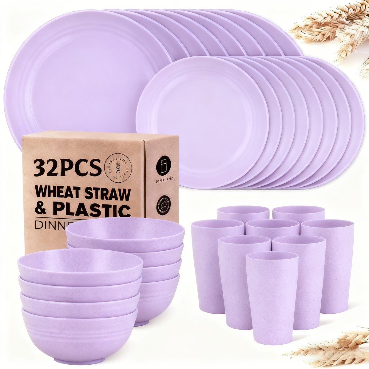 Wheat Straw Dinnerware Set Plates and Bowls 16 or 32 Piece – Microwave & Dishwasher Safe Unbreakable Dish Set for 4 or 8, Lightweight Party Tableware, 7 Colors