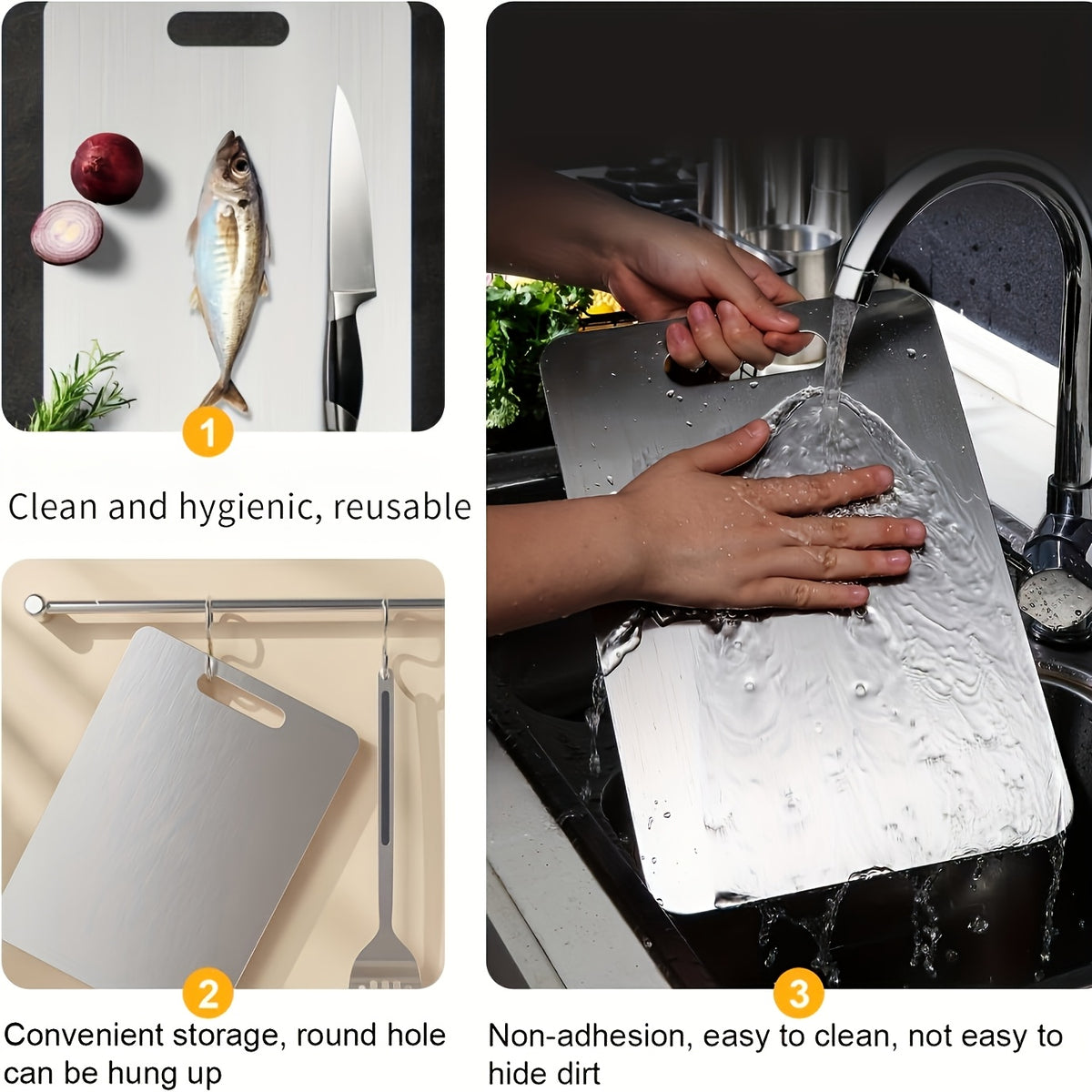 Stainless Steel Cutting Board Set of 3 - Rust-Resistant BPA-Free Dishwasher Safe Kitchen Prep Boards, Antibacterial Metal Chopping Board Set Small Medium Large for Meat Vegetables Fruits