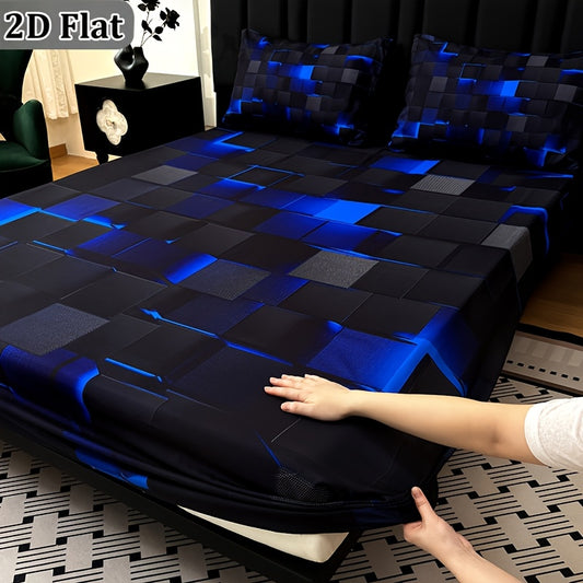 Digital Print Fitted Sheet Set 3 Piece Deep Pocket 15" – Plaid & Mechanical Pattern Bed Sheet with 2 Pillowcases, All Season Microfiber Bedding for Home & Dorm, Twin Full Queen King, 7 Colors