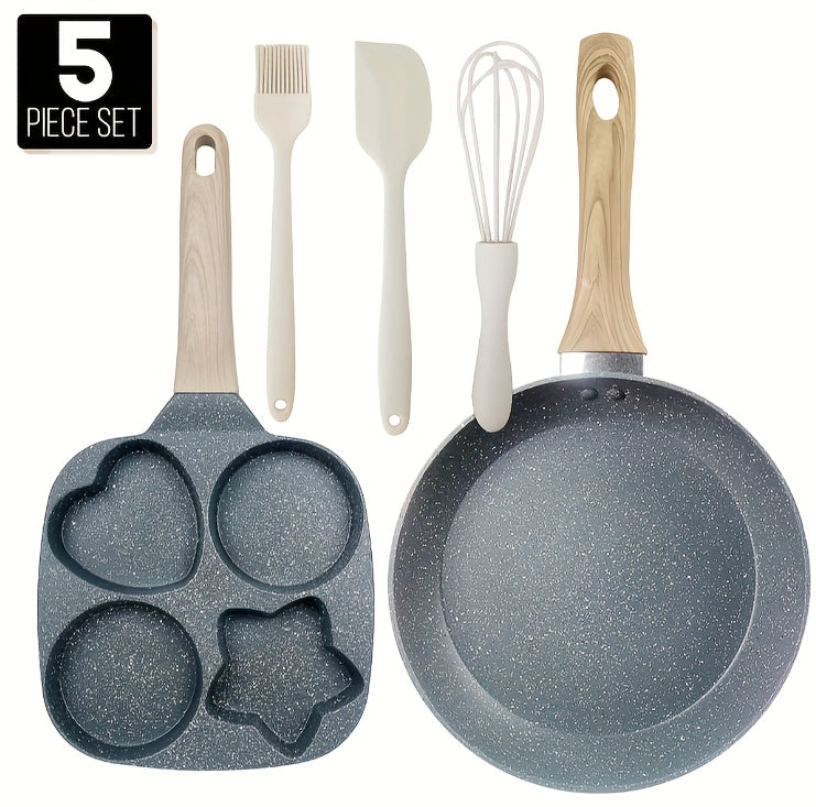 Non-Stick Breakfast Skillet Set – 4-Hole Egg Pan & 5-Piece Cookware Set with Heat-Resistant Wooden Handle for Eggs, Burgers & Omelettes, Easy Clean, Perfect for Home Kitchen Cooking