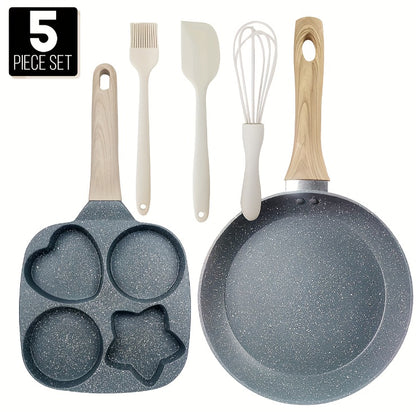 Non-Stick Breakfast Skillet Set – 4-Hole Egg Pan & 5-Piece Cookware Set with Heat-Resistant Wooden Handle for Eggs, Burgers & Omelettes, Easy Clean, Perfect for Home Kitchen Cooking