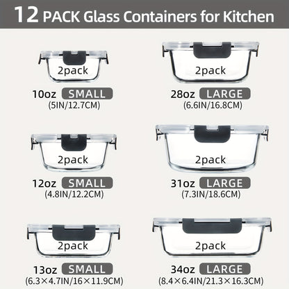 Glass Food Storage Containers 24 Piece Set – Borosilicate Glass Meal Prep Containers with Airtight Lids, Microwave & Dishwasher Safe, Multi-Size for Kitchen Food Storage, Lunch & Leftovers
