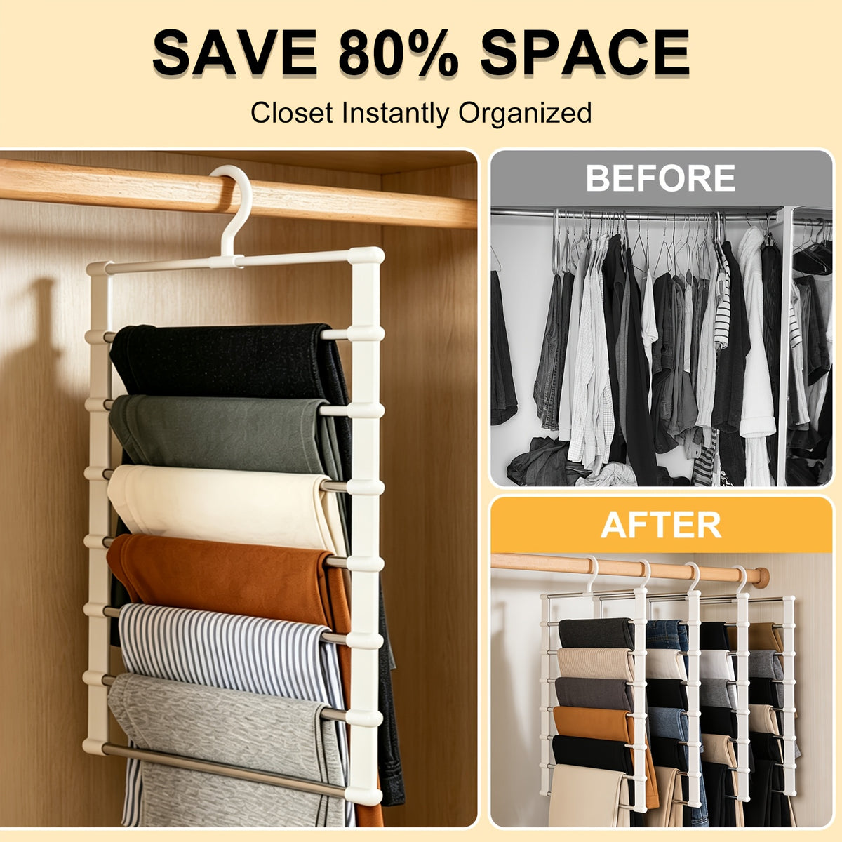 Space Saving Pants Hanger Foldable Multi-Layer 2/4/8-Pack – Stainless Steel Non-Slip Closet Organizer for Jeans, Leggings & Scarves, Stackable Clothes Rack for Bedroom Wardrobe
