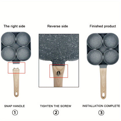 Non-Stick Breakfast Skillet Set – 4-Hole Egg Pan & 5-Piece Cookware Set with Heat-Resistant Wooden Handle for Eggs, Burgers & Omelettes, Easy Clean, Perfect for Home Kitchen Cooking