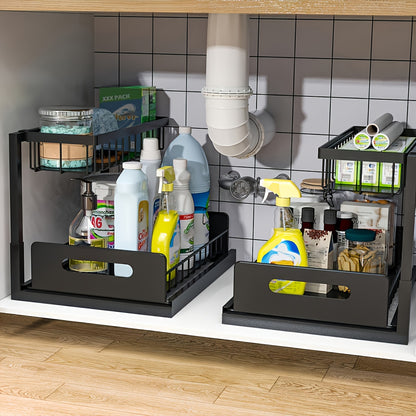 Under Sink Organizer with Sliding Drawer, 2-Tier Metal Pull-Out Storage Rack for Kitchen Bathroom Closet, Space-Saving Cabinet Shelf with Easy Access Design, Black or White