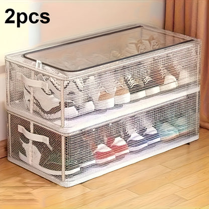 Shoe Storage Boxes Clear 2 Pack - Transparent PVC Stackable Shoe Organizer with Steel Frame & Foldable Design, Space Saving Shoe Rack for Closet Home Dorm Under Bed Organization