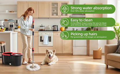 360 Spin Mop and Bucket Set with 3 Microfiber Replacement Heads – Adjustable Handle Floor Cleaning System for Home Bathroom School, Green or Black Red