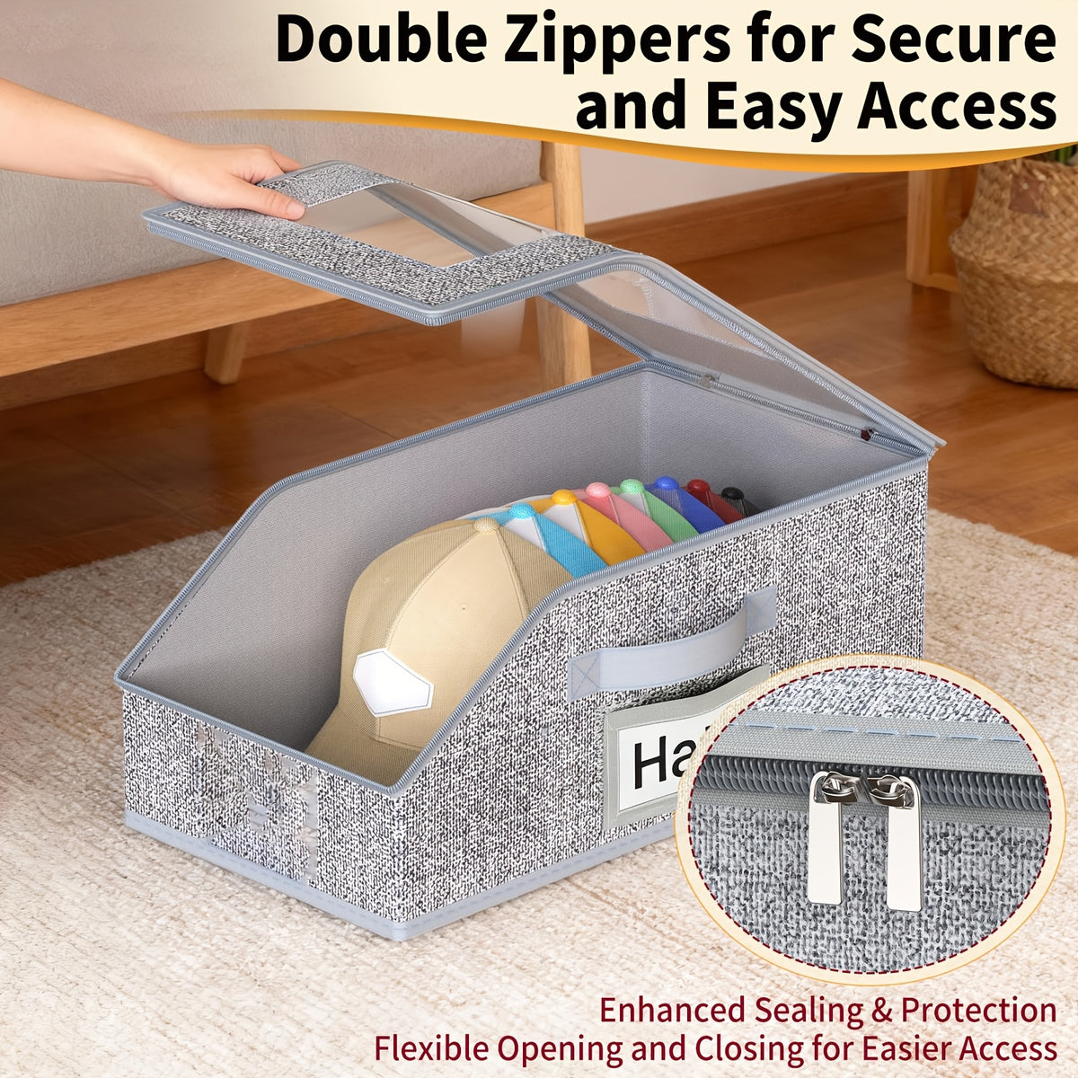 Baseball Cap Storage Box Set of 2 - Large Capacity Hat Organizer with Zipper, Foldable Stackable Dustproof Closet Storage, Multi-Purpose for Hats Clothes Accessories, Durable Fabric